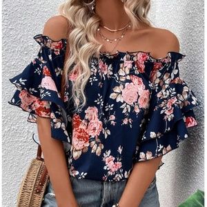 Floral Print Navy Blue Off Shoulder Ruffle Detail Top Blouse Shirt